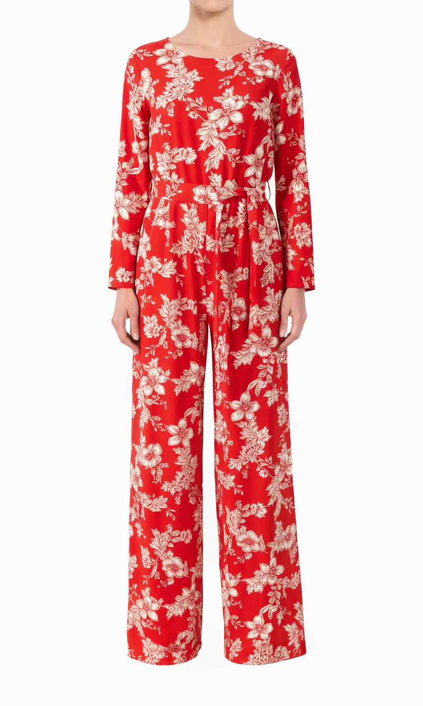 Red Regents Floral Modest Long Sleeve Jumpsuits