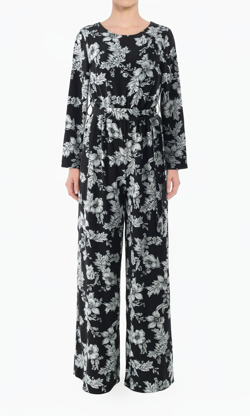 Black Regents Floral Modest Long Sleeve Jumpsuits