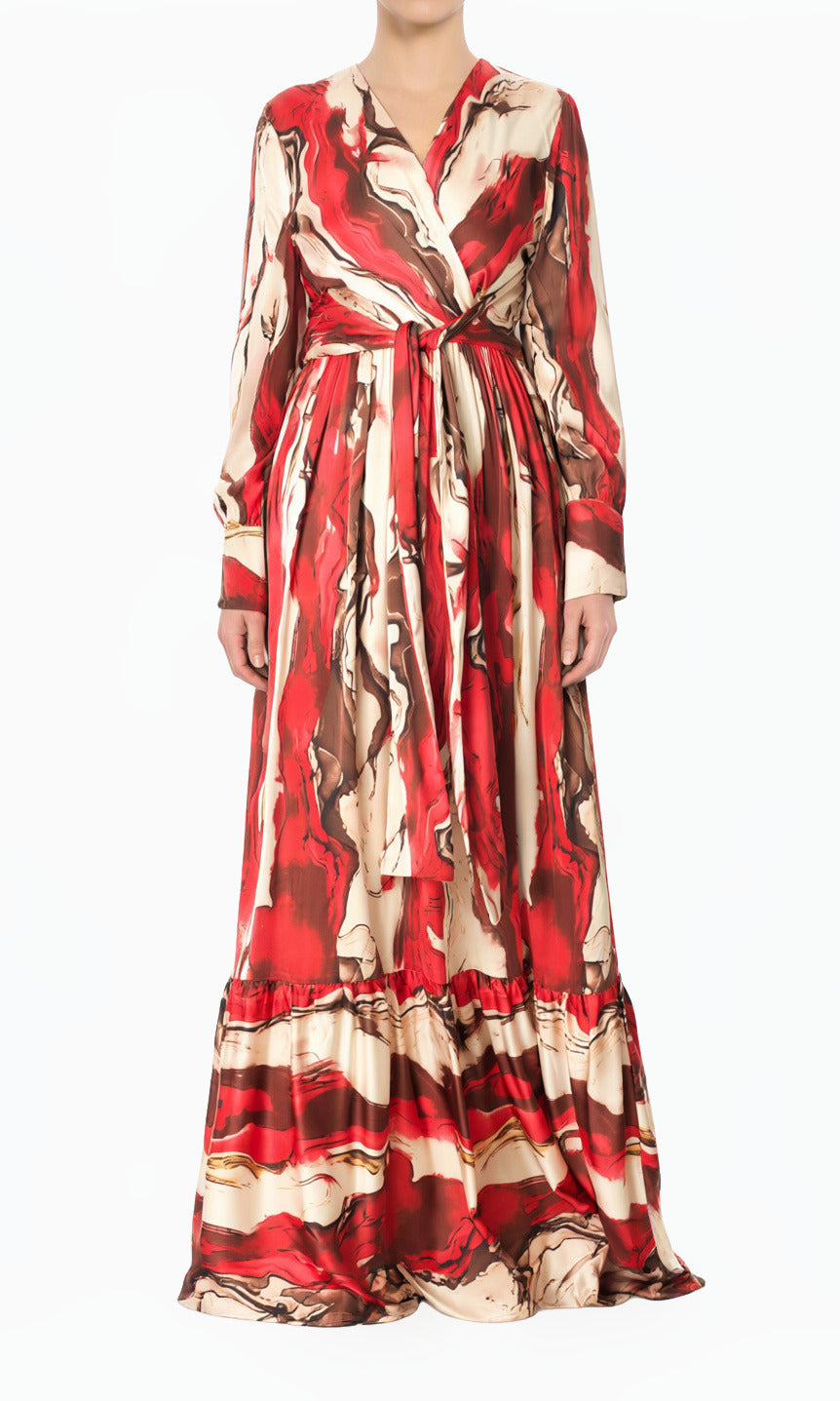 Ruby Red Satin Long Sleeve Modest Maxi Dress