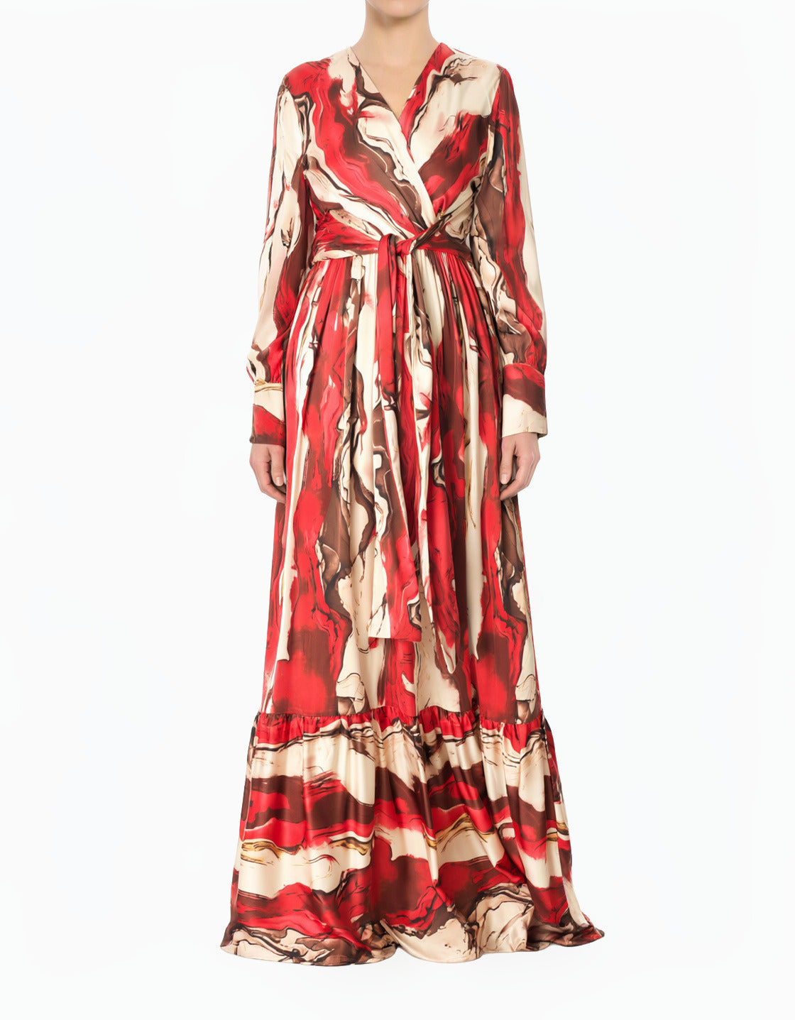 Ruby Red Satin Long Sleeve Modest Maxi Dress