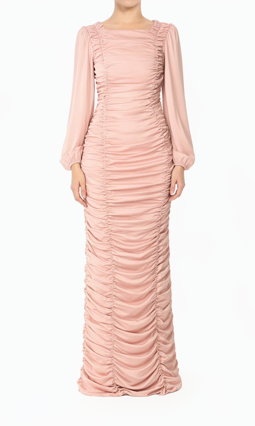 Pastel Mauve Ruched Body-Con Satin Modest Maxi Dress