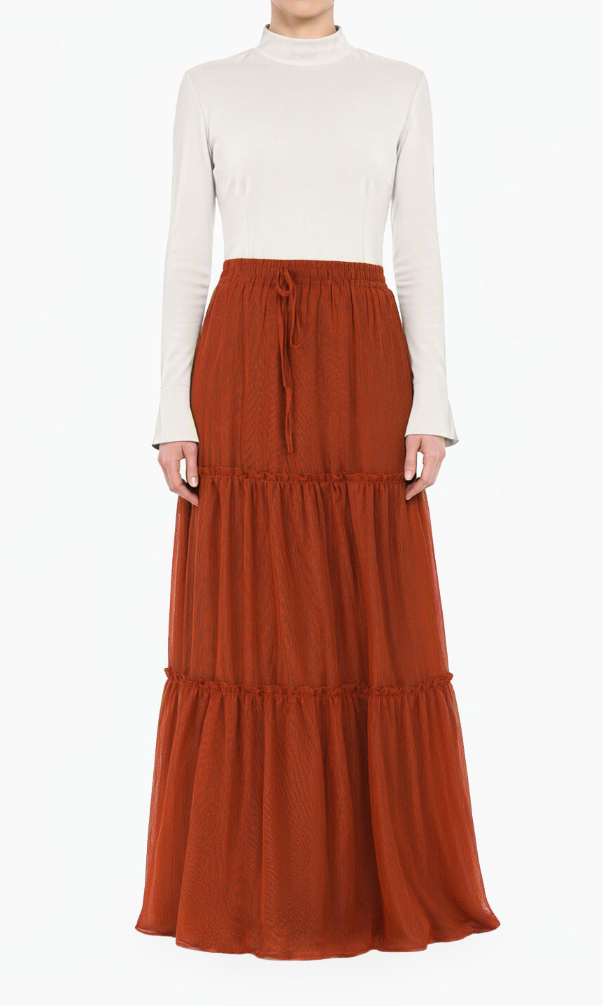 Rust-orange Shimmer Chiffon Tiered Modest Maxi Skirt