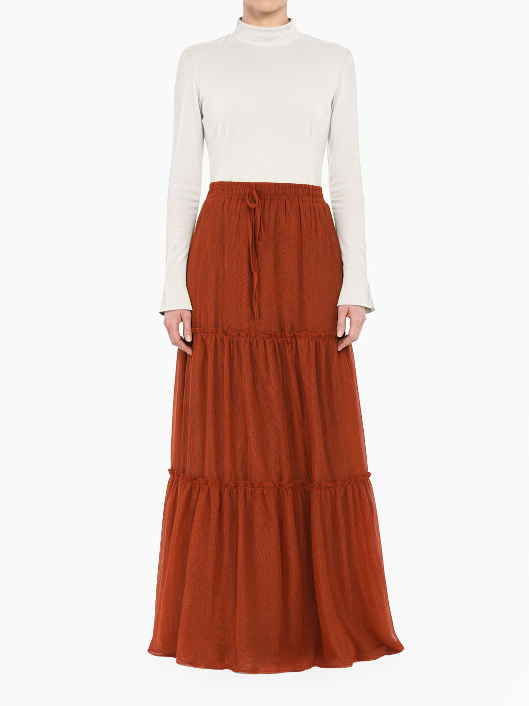 Rust-orange Shimmer Chiffon Tiered Modest Maxi Skirt