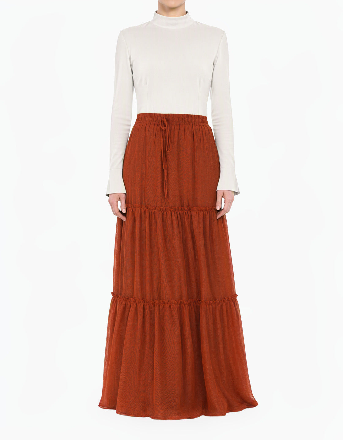 Rust-orange Shimmer Chiffon Tiered Modest Maxi Skirt