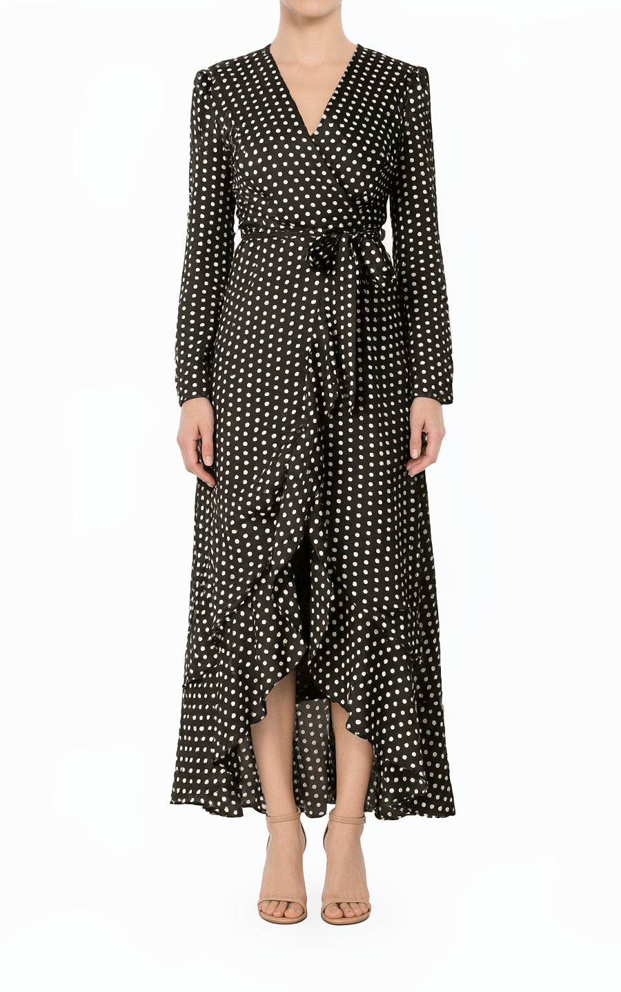 Black Satin Polka Dots Wrap Kimono Modest Dress