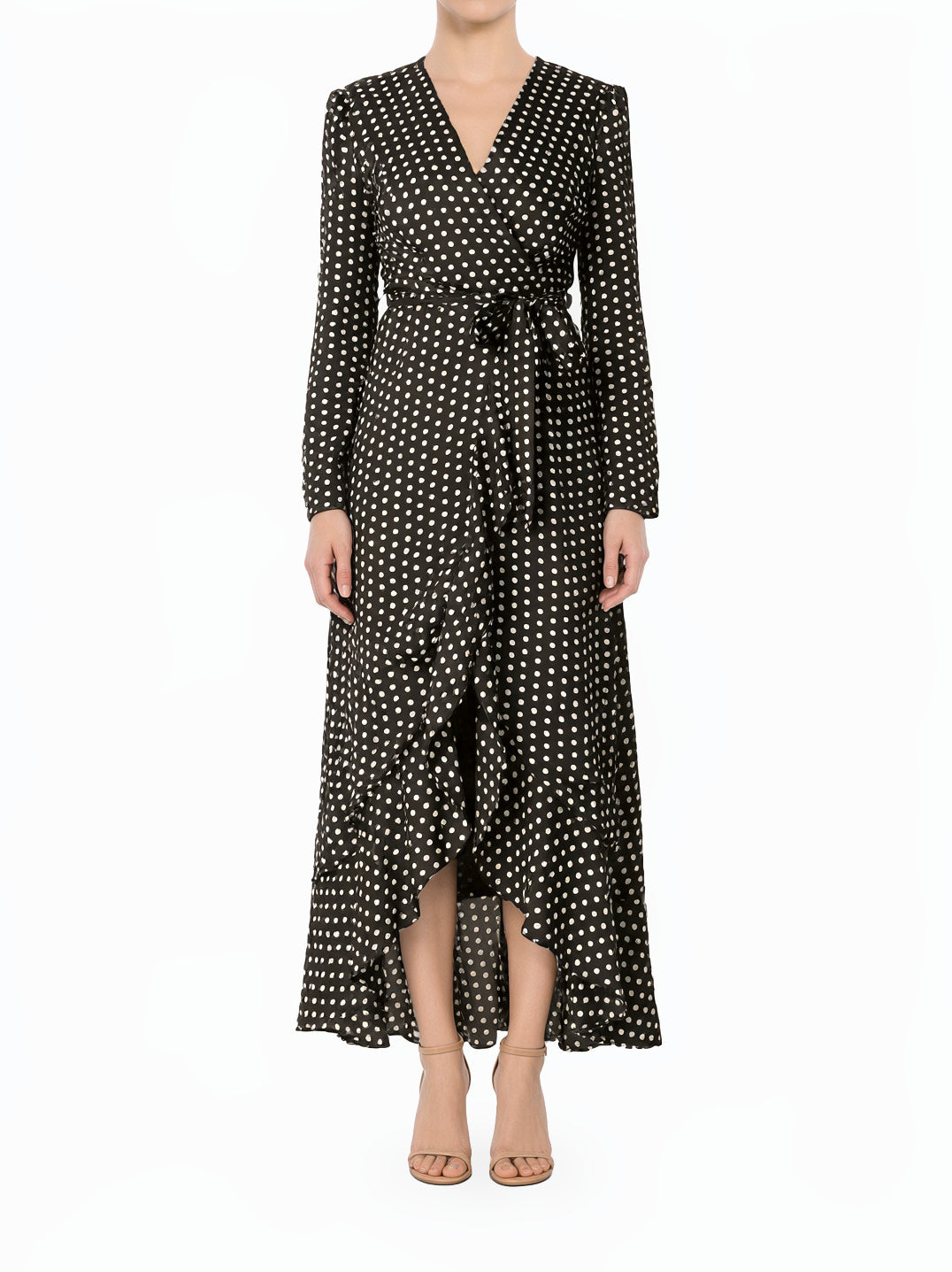 Black Satin Polka Dots Wrap Kimono Modest Dress