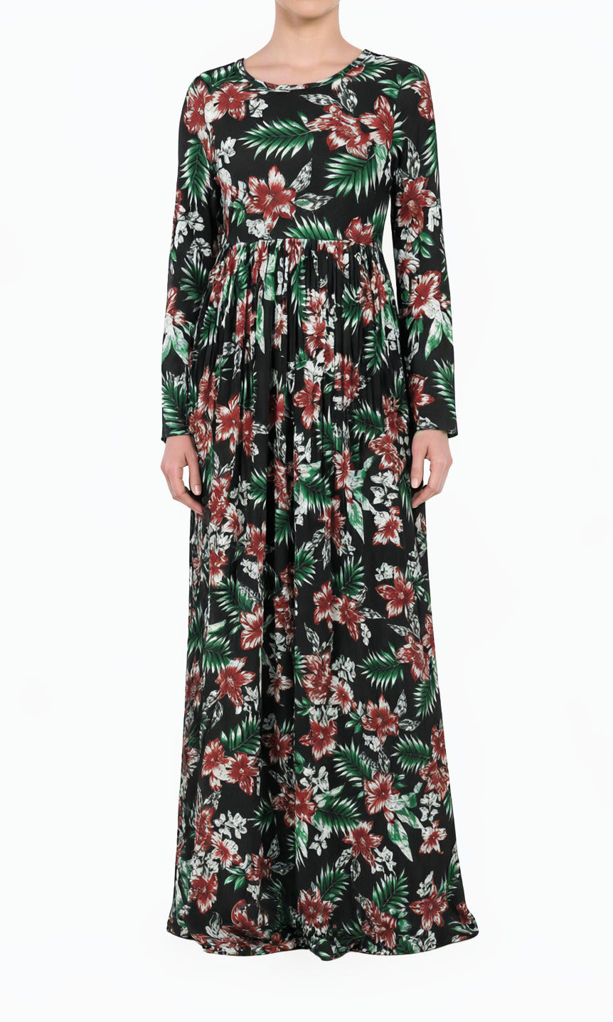 Seasonal Palms Pleated Modest Maxi Dress
