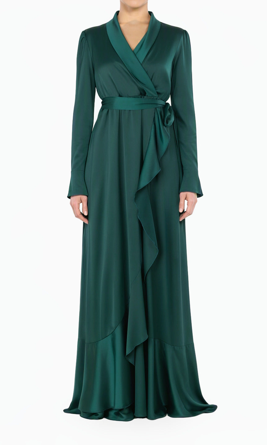 Emerald green So Classy Elegance Wrapped Satin Modest Maxi Dress