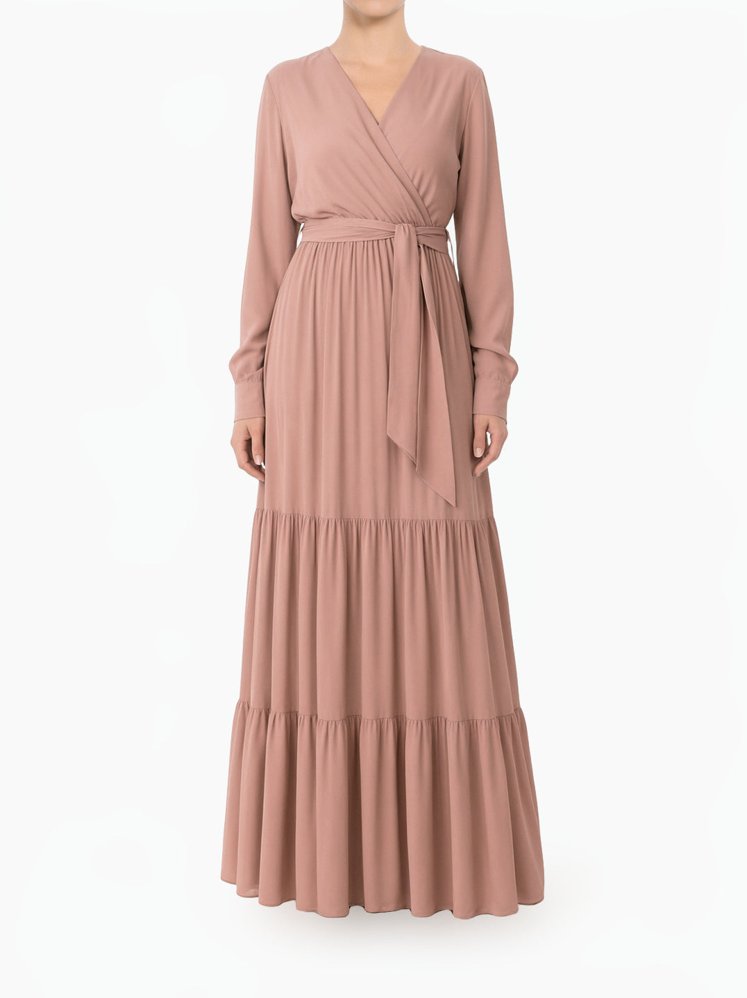 Mauve Solid V-Neck Chiffon Tiered Modest Maxi Dress