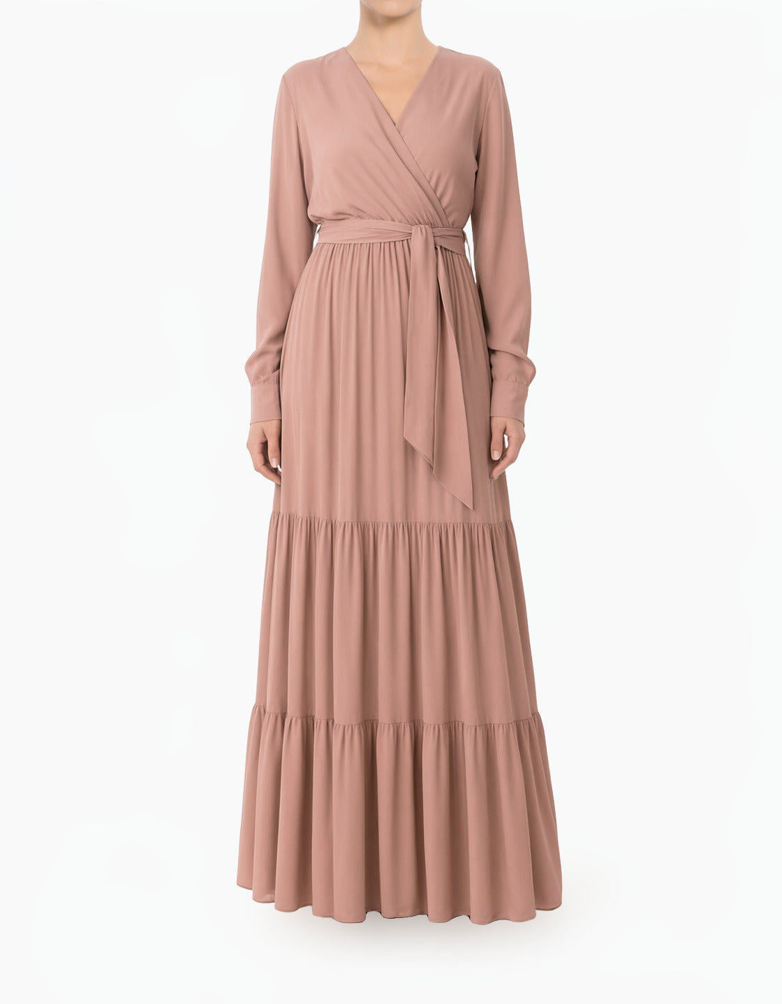 Mauve Solid V-Neck Chiffon Tiered Modest Maxi Dress