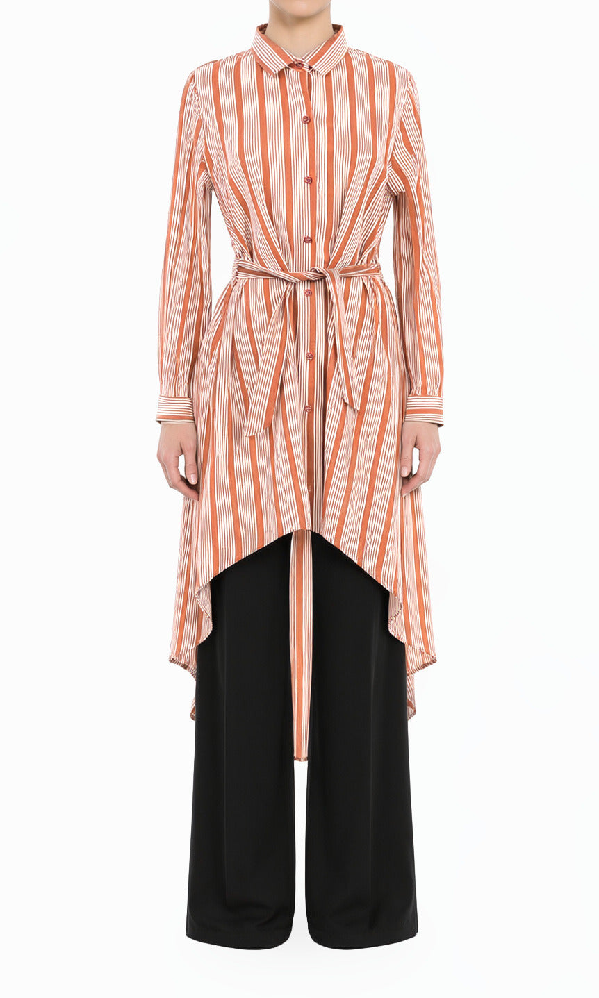 Apple cider Stripe linen Button Down Hi-Low Top