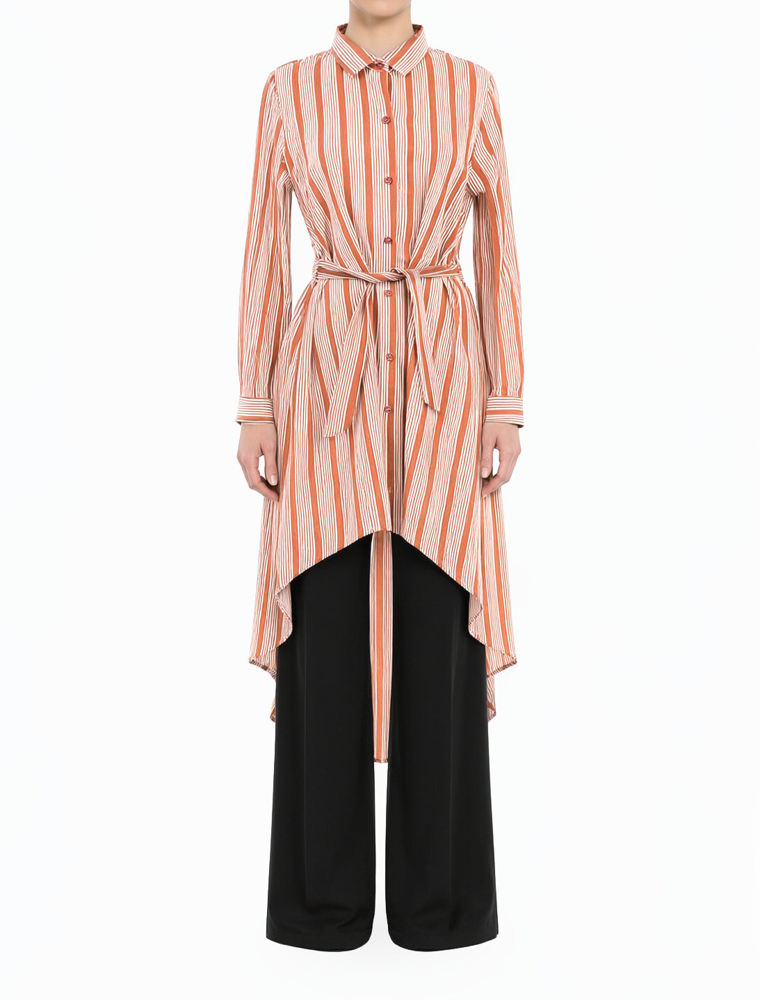 Apple cider Stripe linen Button Down Hi-Low Top