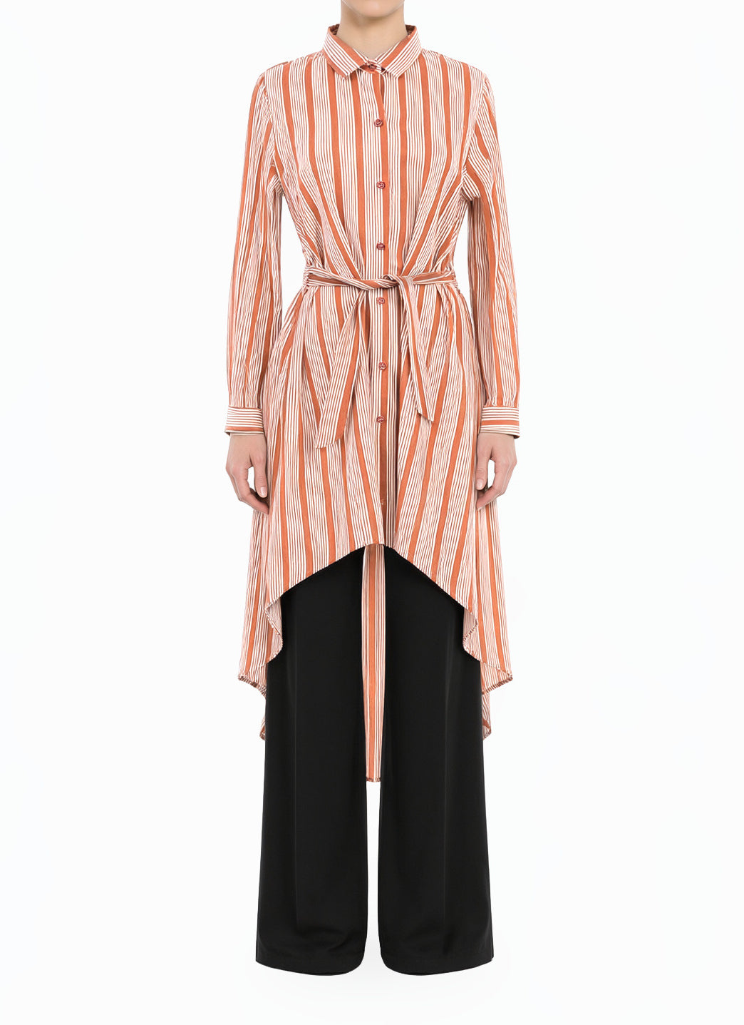 Apple cider Stripe linen Button Down Hi-Low Top