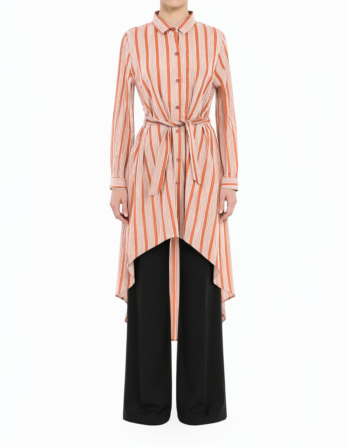 Apple cider Stripe linen Button Down Hi-Low Top