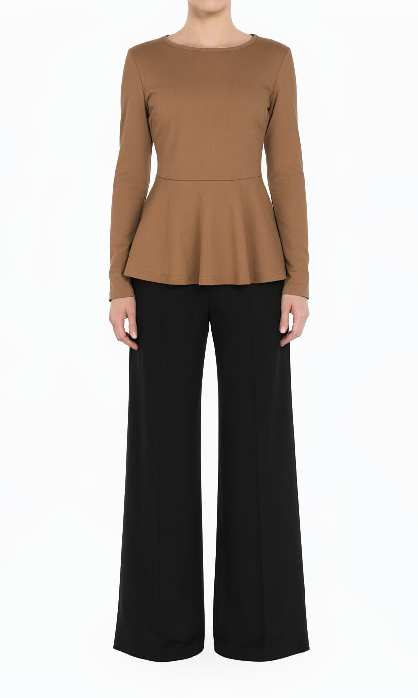 Tan Modest Long Sleeve Peplum Top