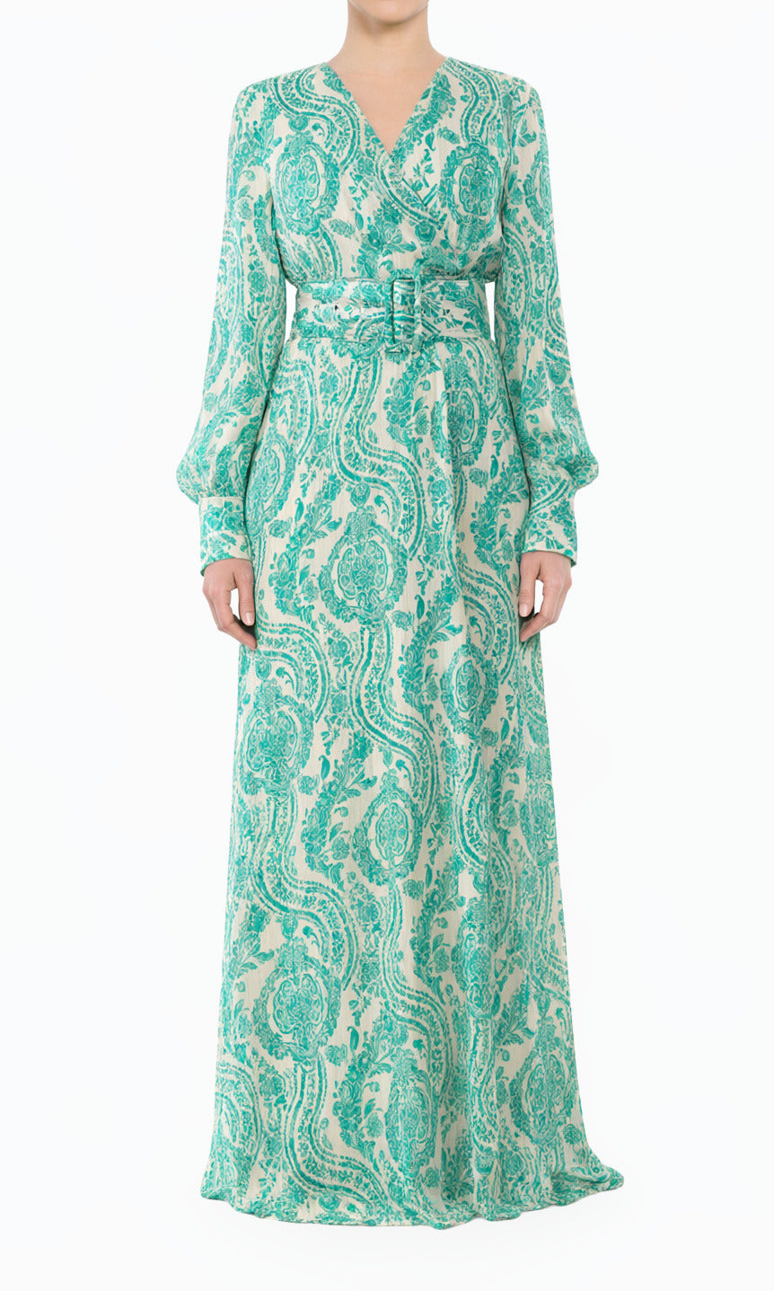 Teal Green Henna V-Neck Chiffon Shimmer Modest Maxi Dress