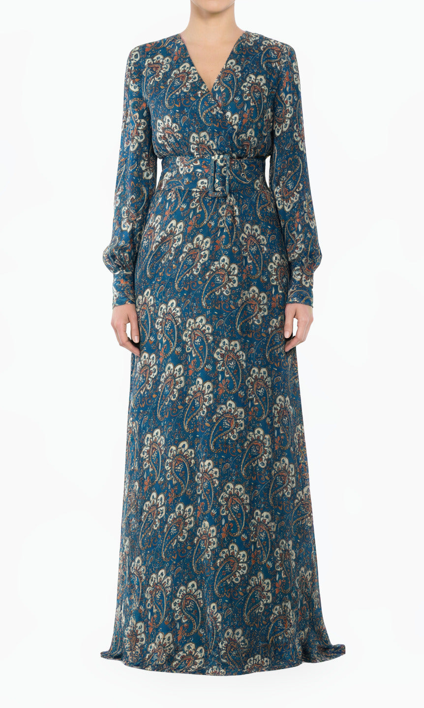 Teal Pretty Paisley V-Neck Chiffon Shimmer Modest Maxi Dress