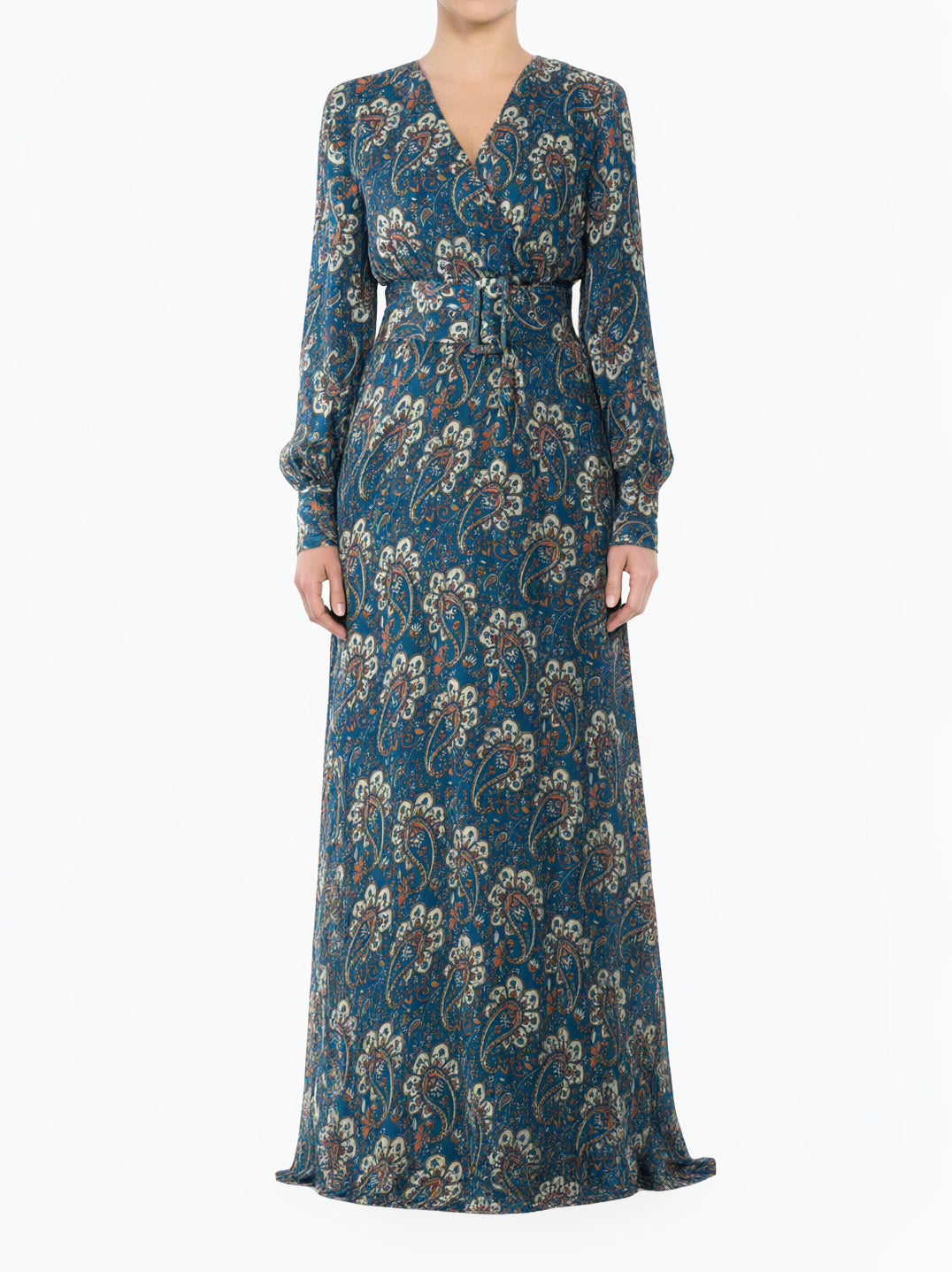 Teal Pretty Paisley V-Neck Chiffon Shimmer Modest Maxi Dress
