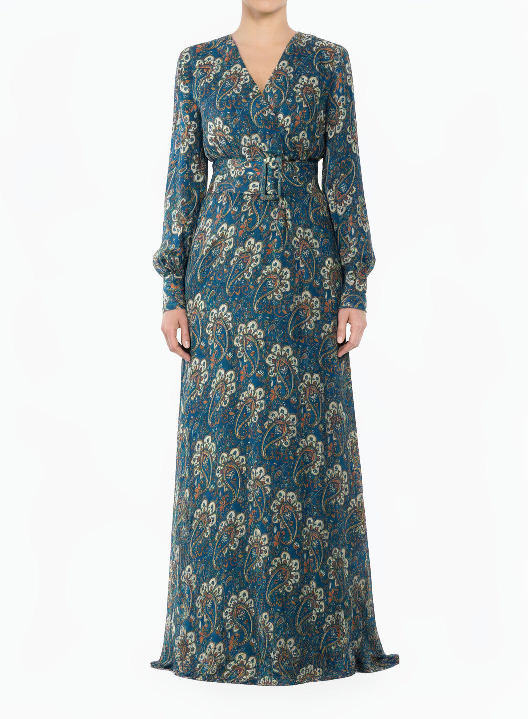 Teal Pretty Paisley V-Neck Chiffon Shimmer Modest Maxi Dress