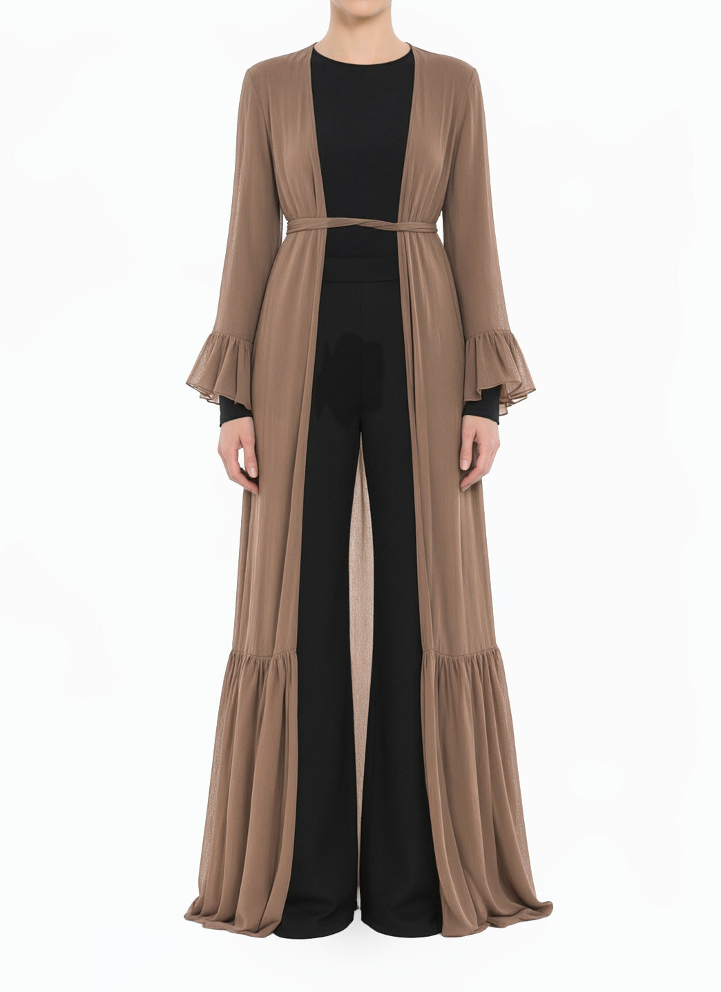 Coffee Cottagecore Tiered Ruffle Chiffon Modest Cardigan