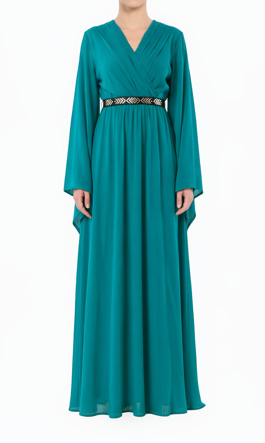 Turquoise Bell Sleeve Ballerina Modest Maxi Dress