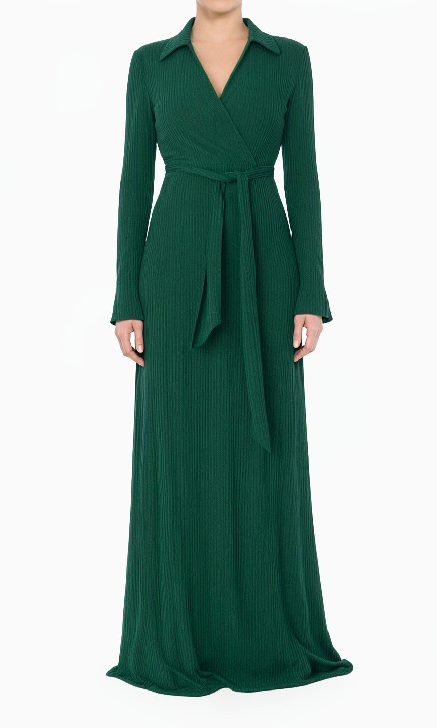 green V-Neck Ribbed Sweater Modest Dress