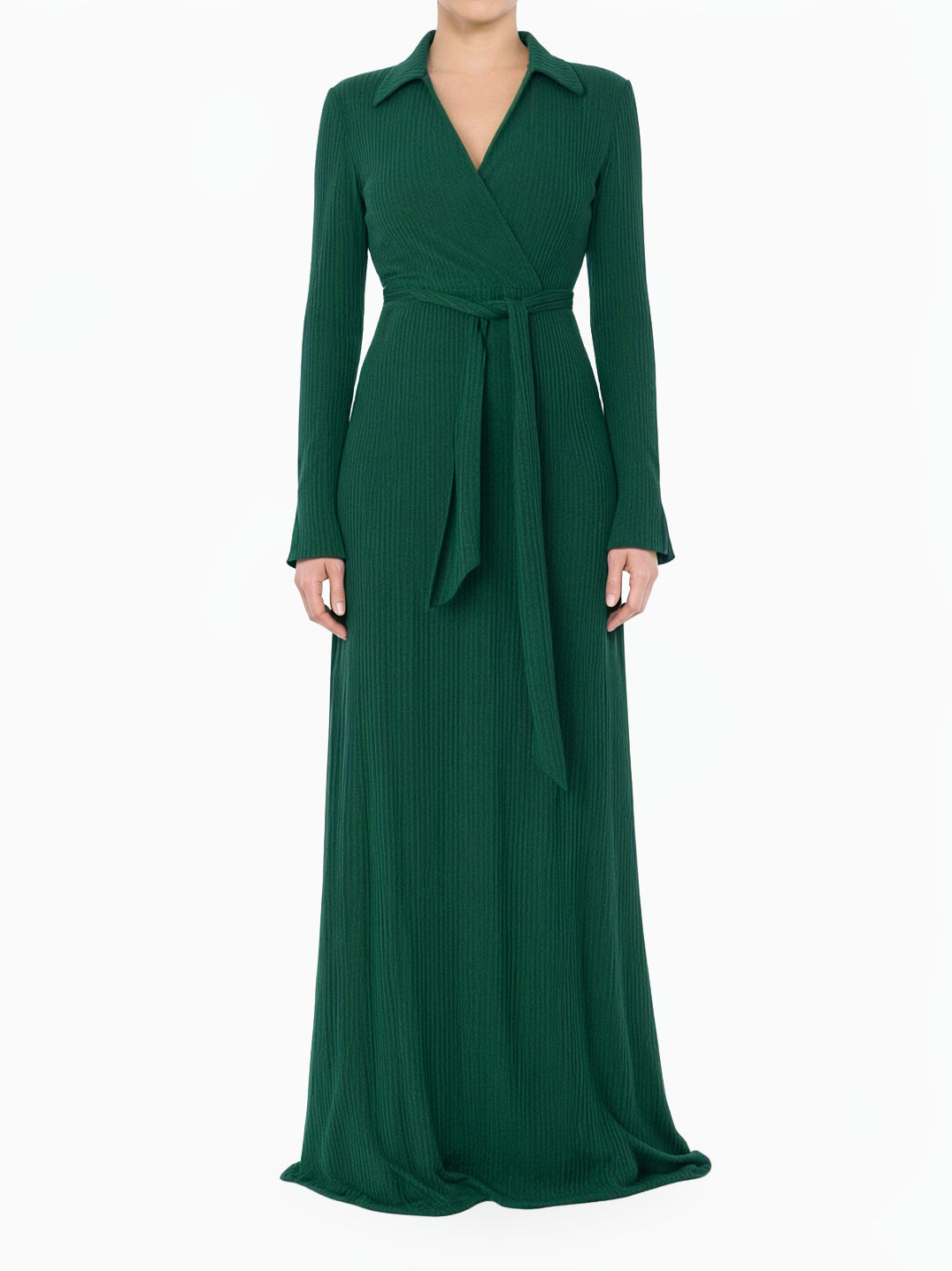 green V-Neck Ribbed Sweater Modest Dress