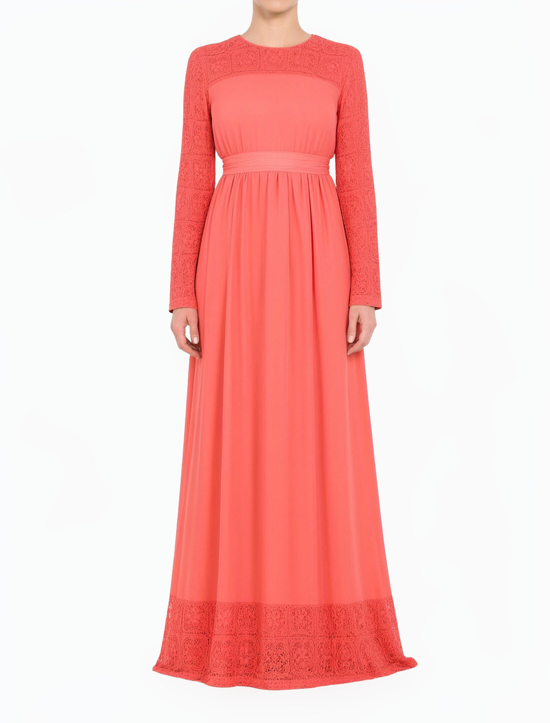 Coral Vibrant Lace Detailed Chiffon Modest Dress