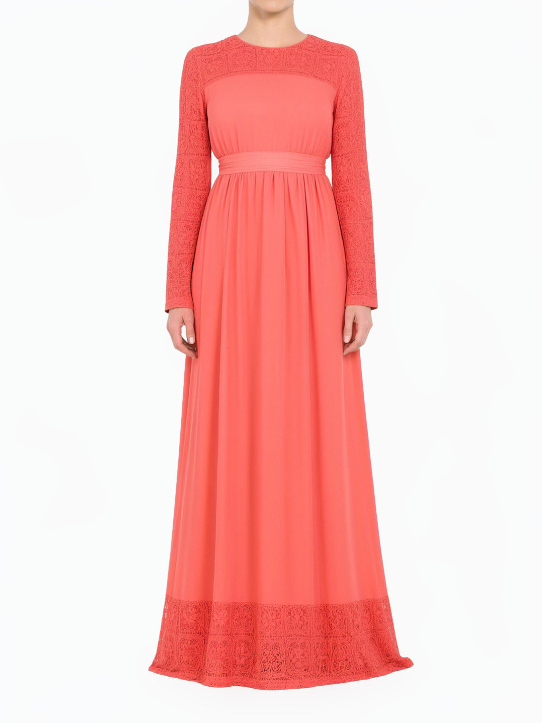 Coral Vibrant Lace Detailed Chiffon Modest Dress