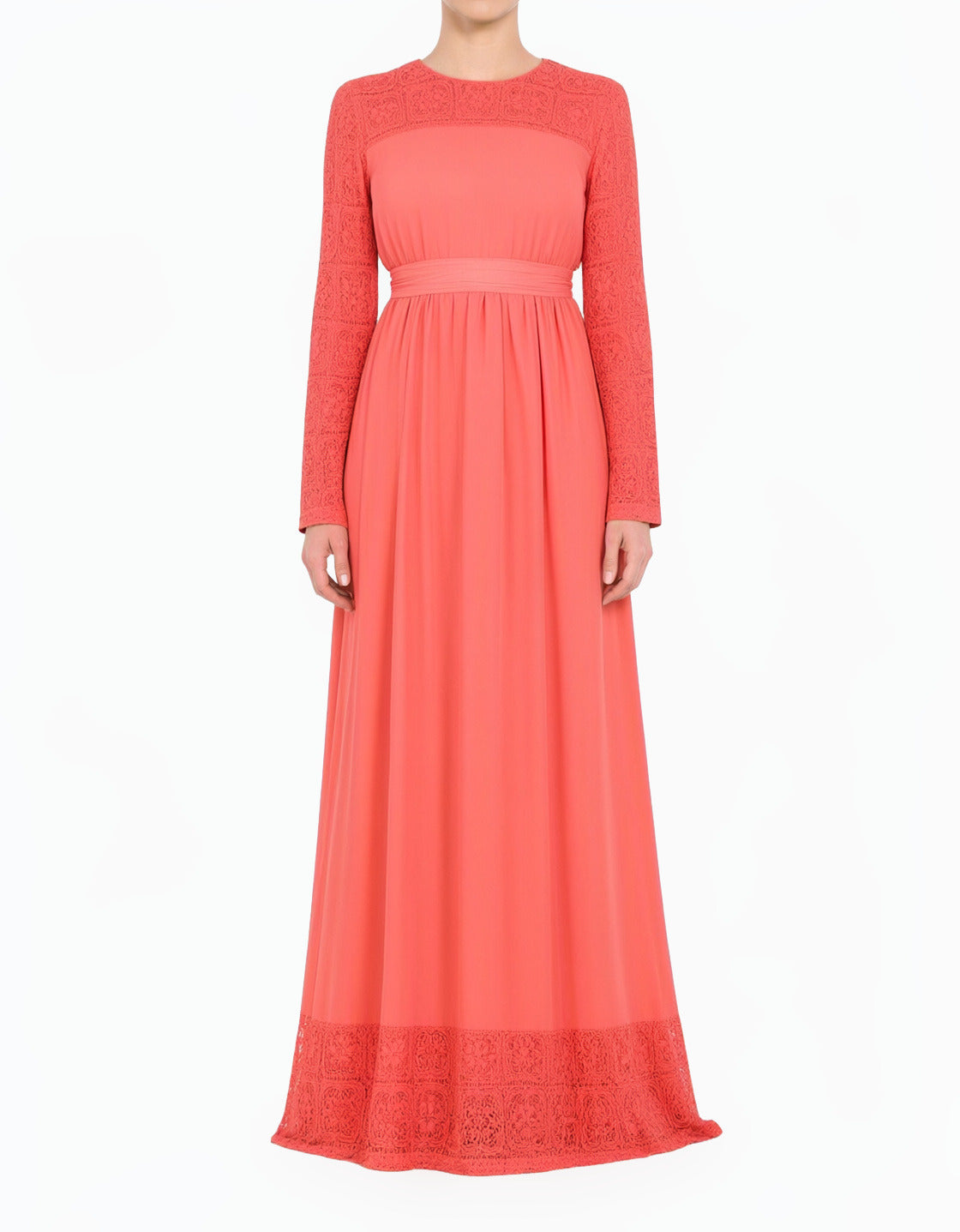 Coral Vibrant Lace Detailed Chiffon Modest Dress