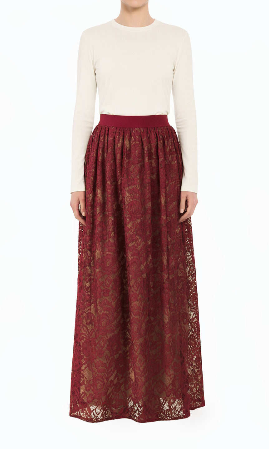 Voluminous Floral Lace Modest Maxi Skirt