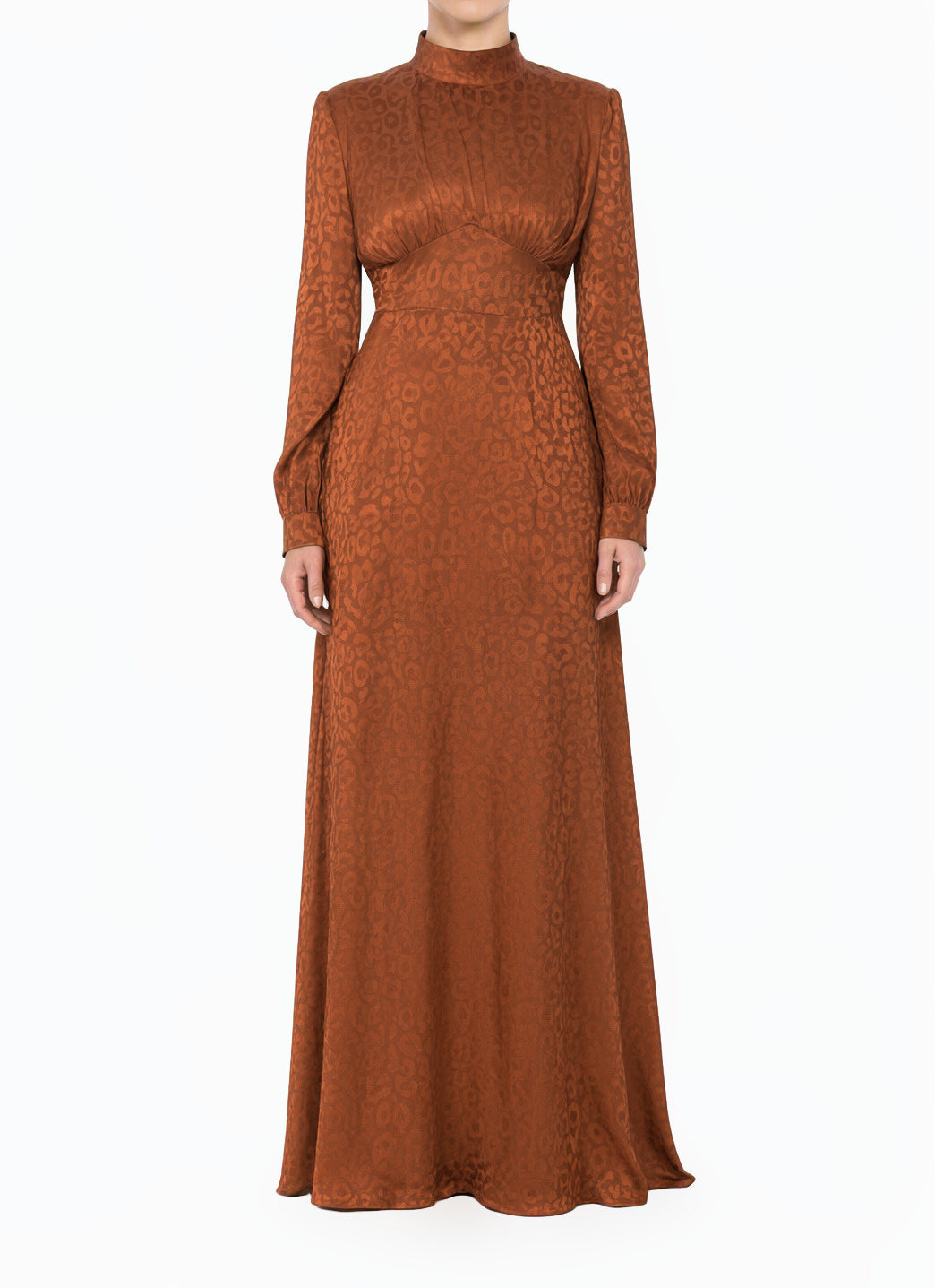 Rust Brown Bold Jacquard Satin Modest Maxi Dress