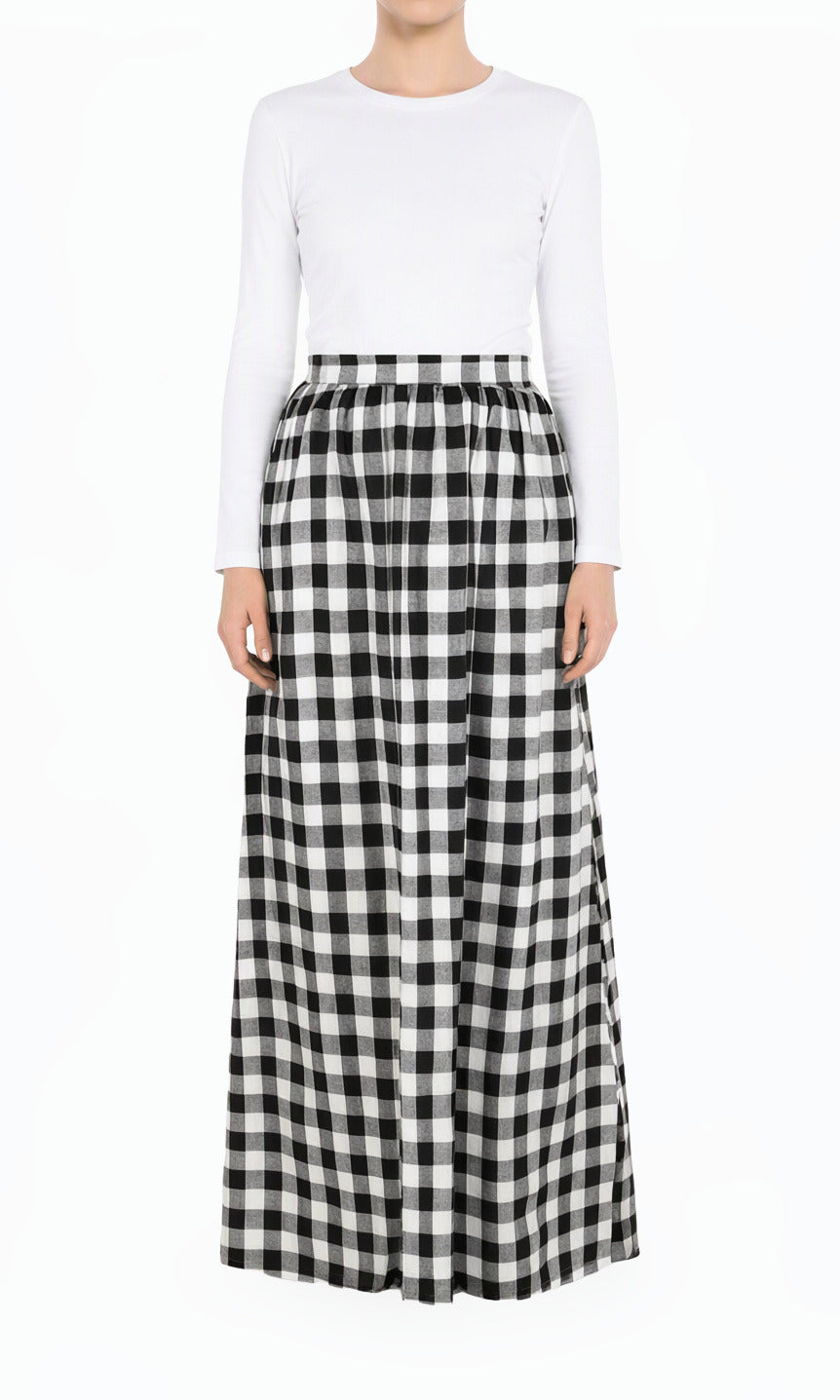 White Plaid Modest Maxi Skirt