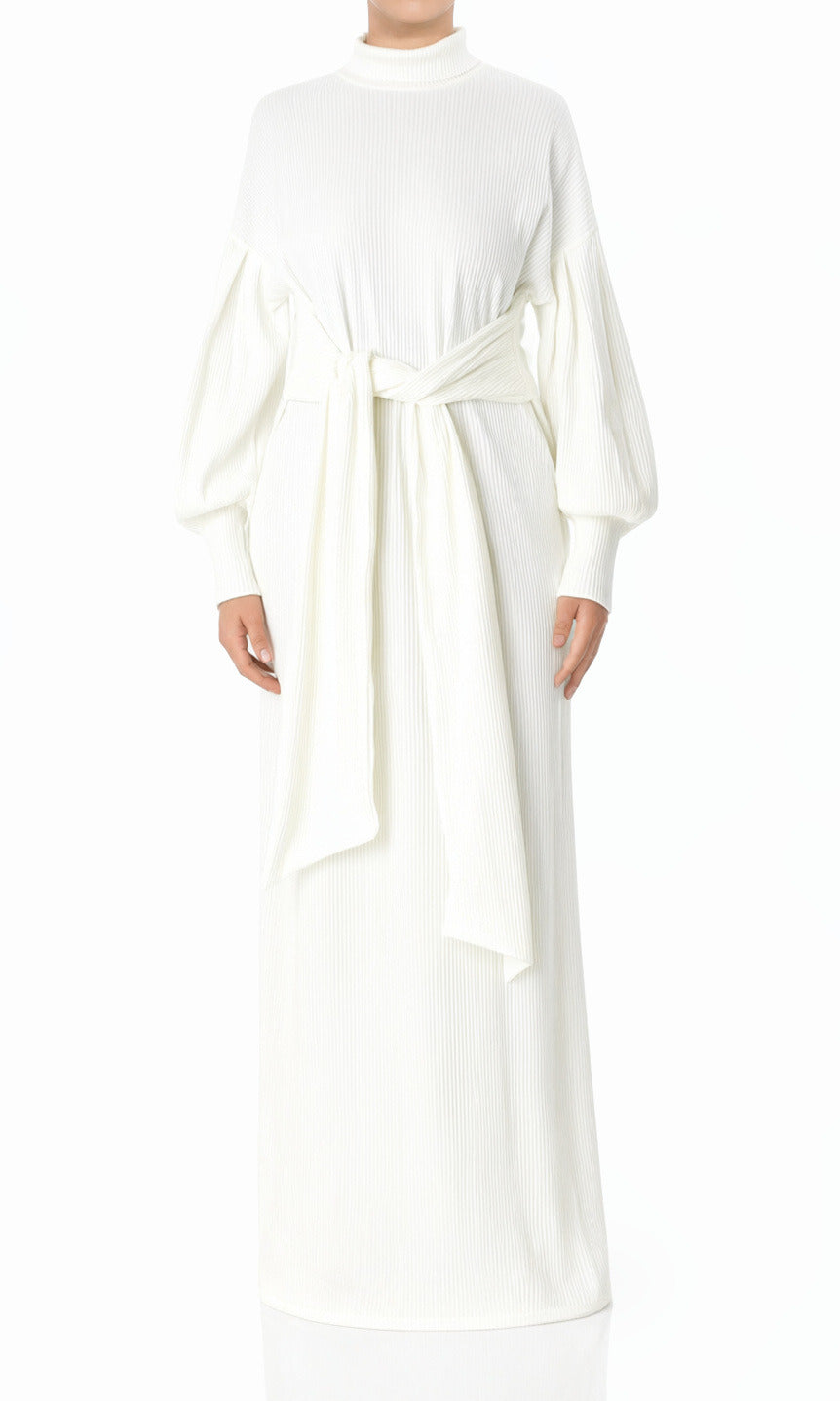White Ribbed-Knit Turtleneck Sweater Modest Dress