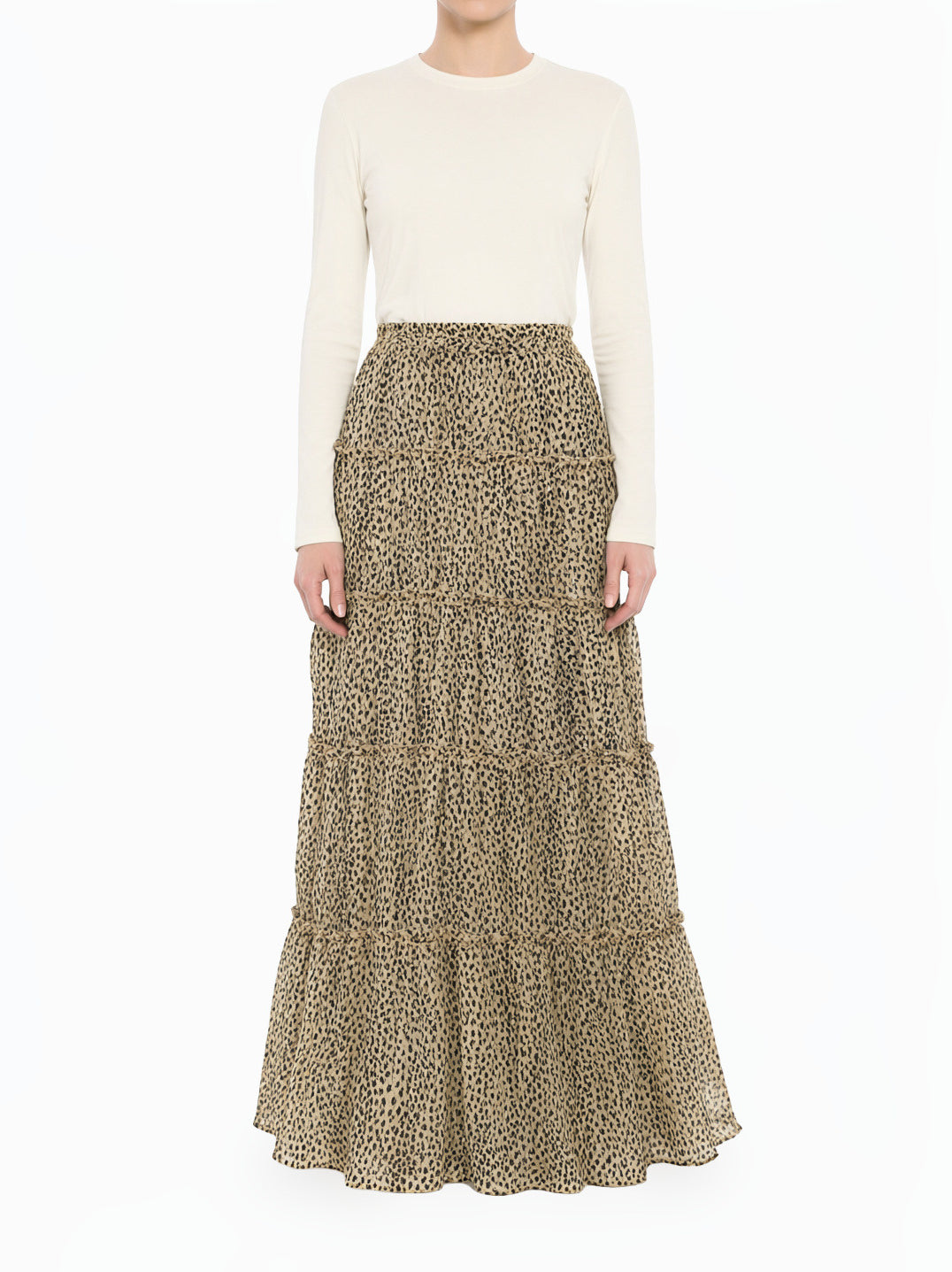 Ivory Wild Cheetah Tiered Modest Maxi Skirt