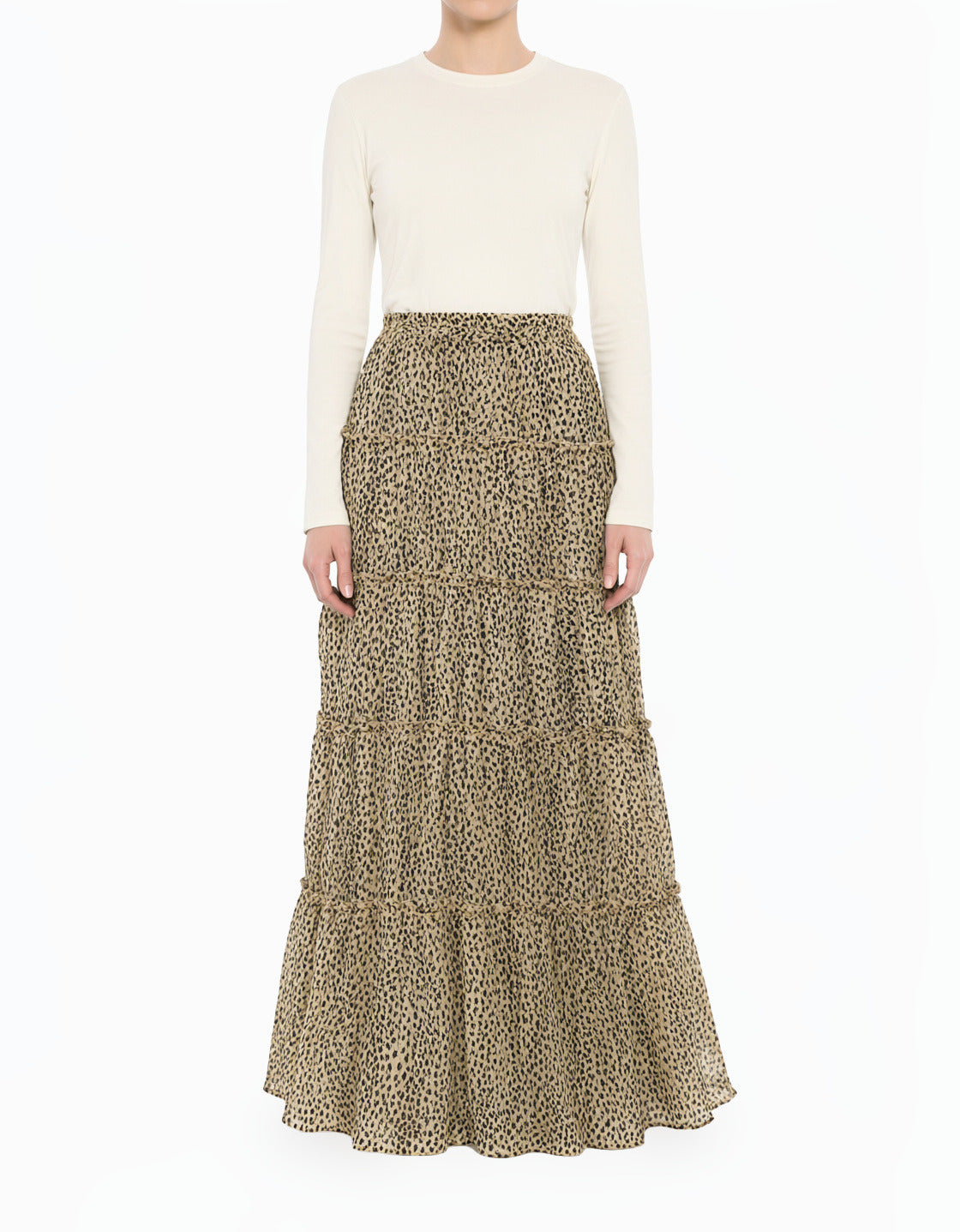 Ivory Wild Cheetah Tiered Modest Maxi Skirt