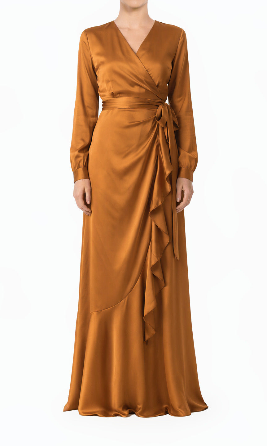 Caramel Wrapped Up in Satin Modest Dress