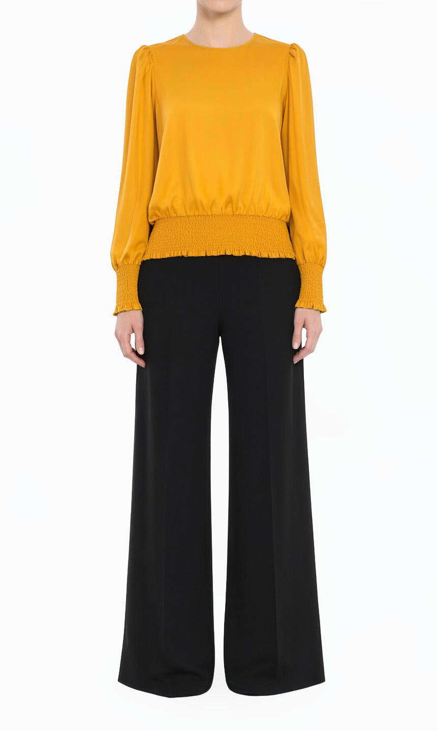 yellow Modest Long Sleeve Satin Scrunch Blouse