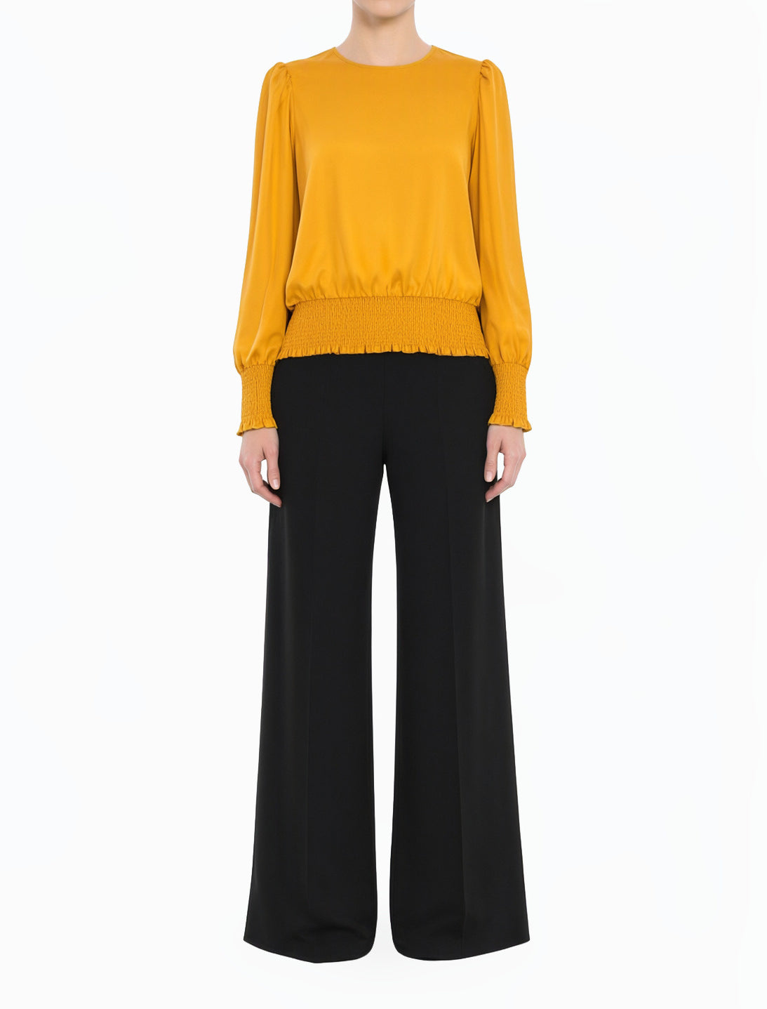 yellow Modest Long Sleeve Satin Scrunch Blouse