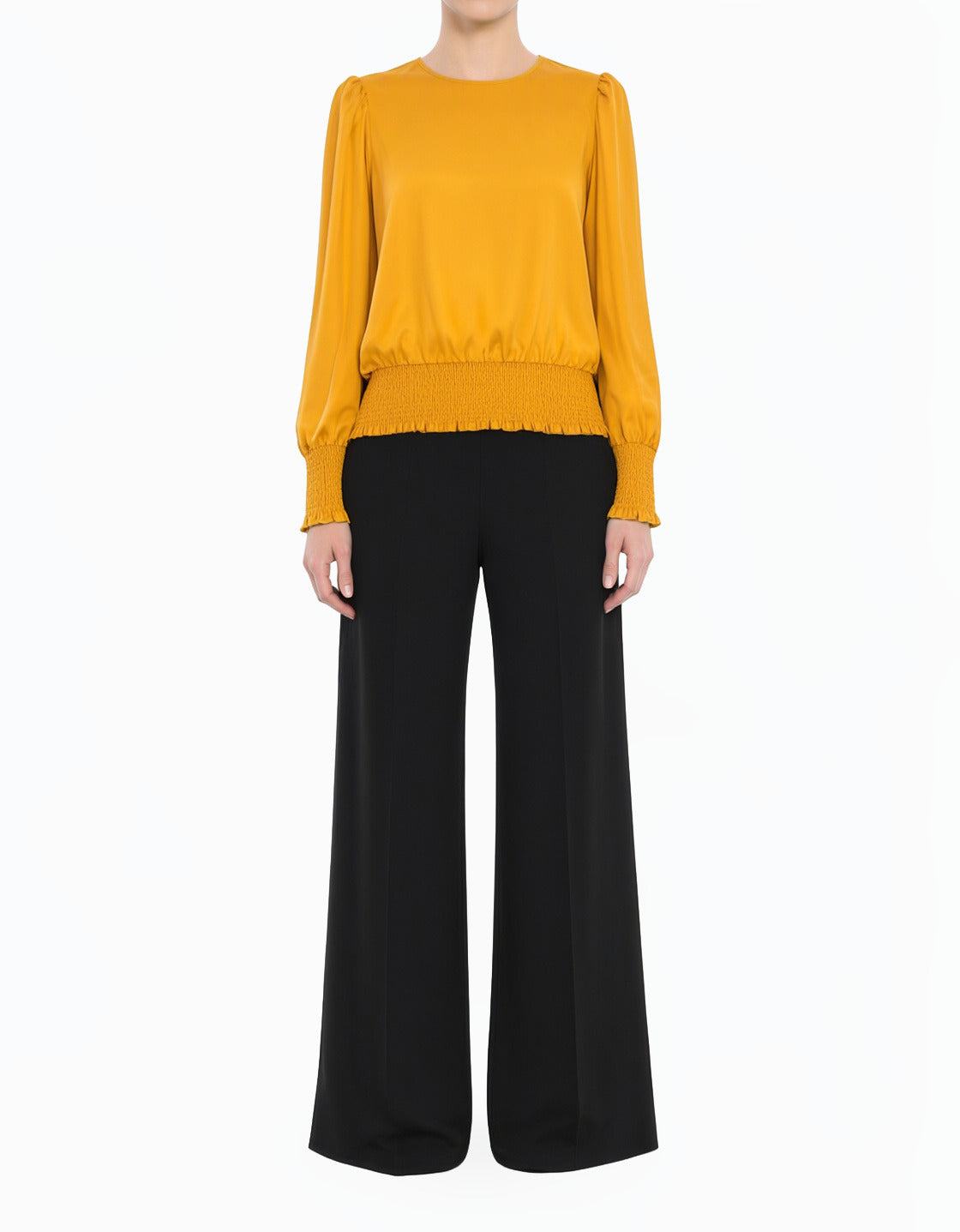 yellow Modest Long Sleeve Satin Scrunch Blouse