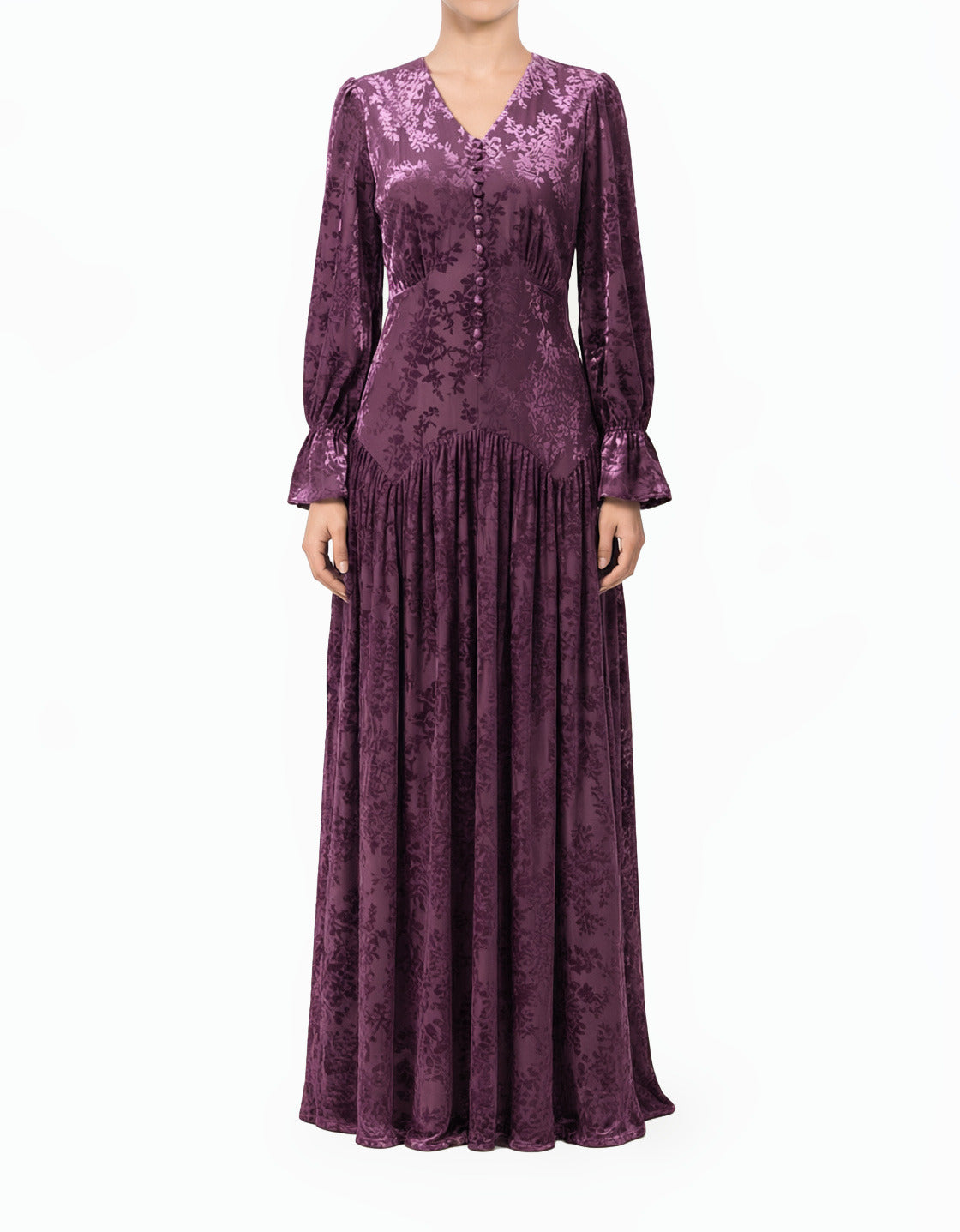Zaria Eggplant velvet burnout modest maxi dress