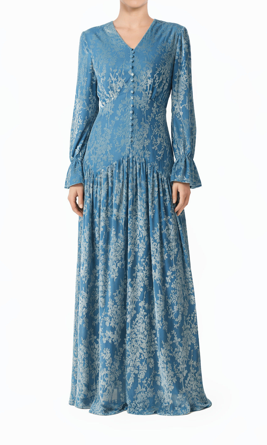 Zaria Pretty Blue velvet burnout modest maxi dress