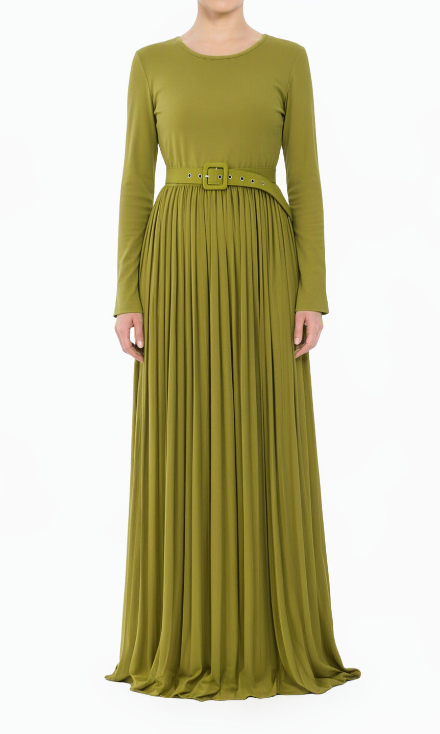 Zaytoon Olive Pleated Ponti Di Roma Modest Maxi Dress