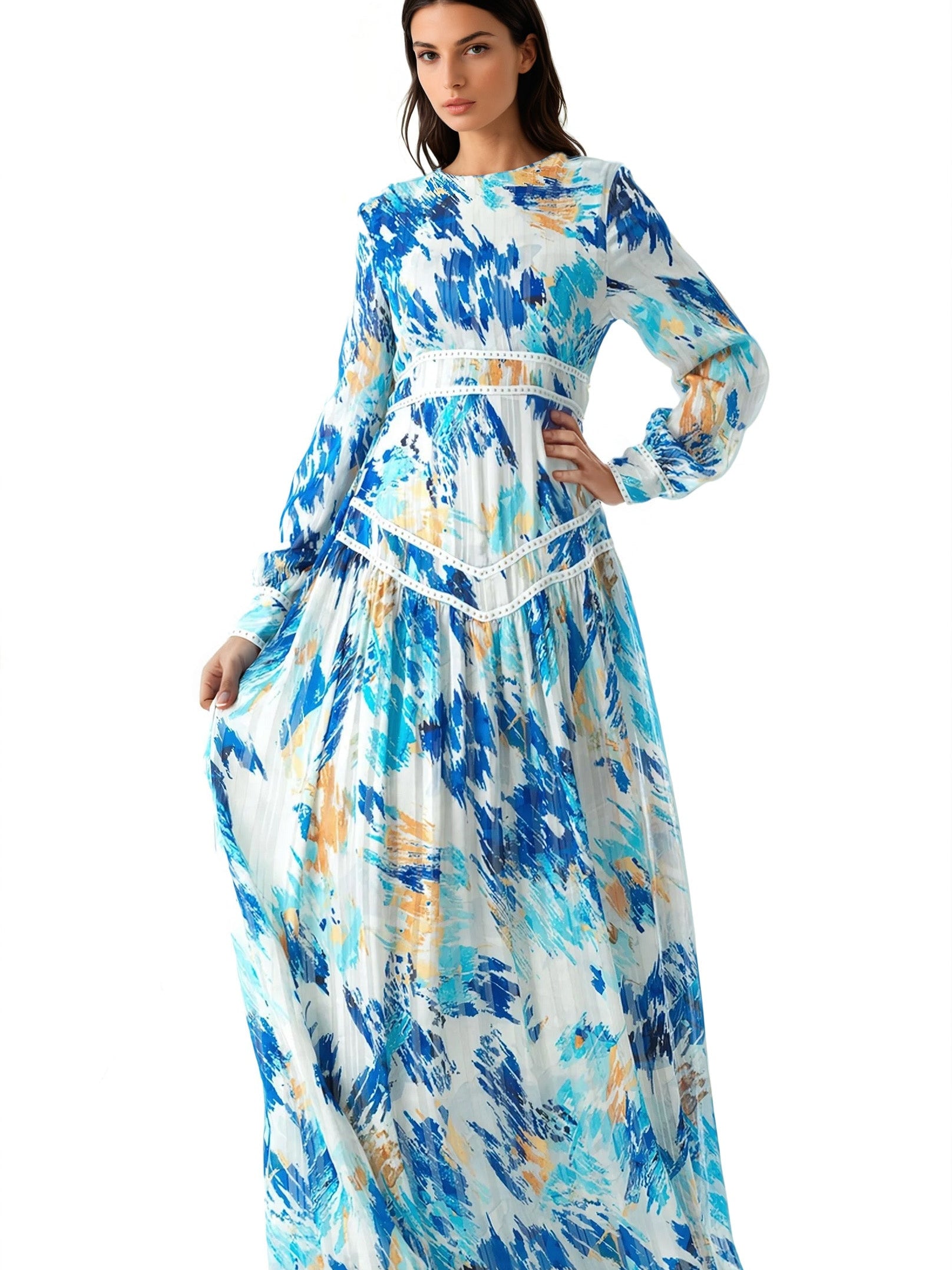 Hiba Abstract print chiffon shimmer modest dress Kabayare