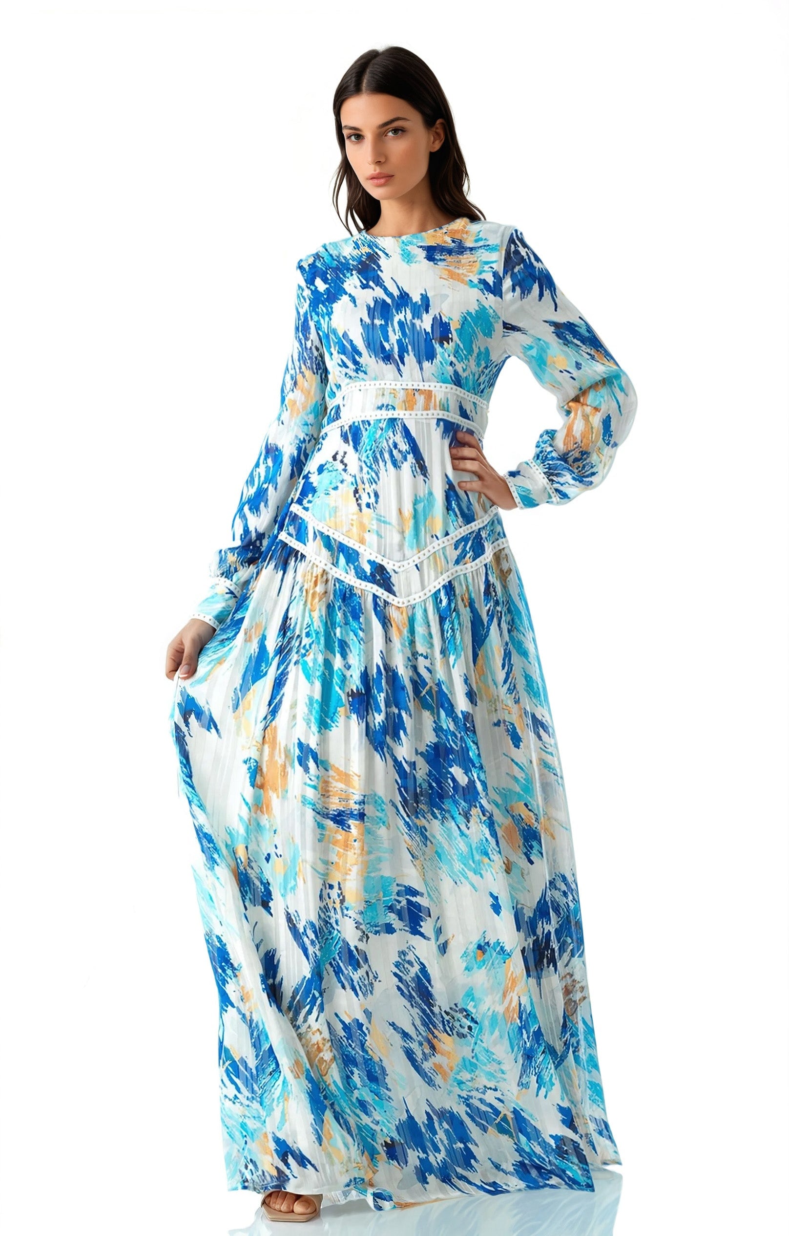 Hiba Abstract print chiffon shimmer modest dress Kabayare