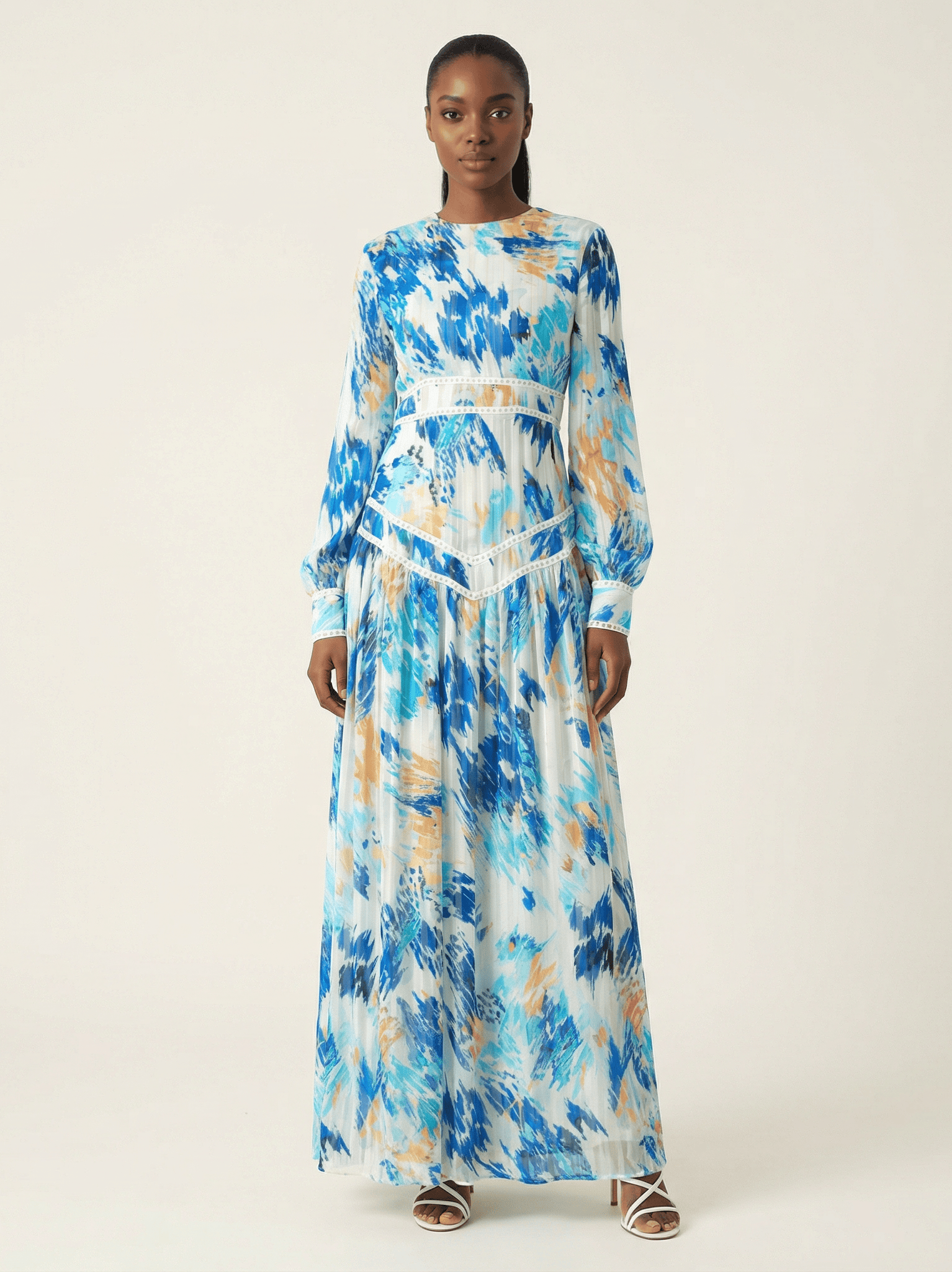 Hiba Abstract print chiffon shimmer modest dress Kabayare