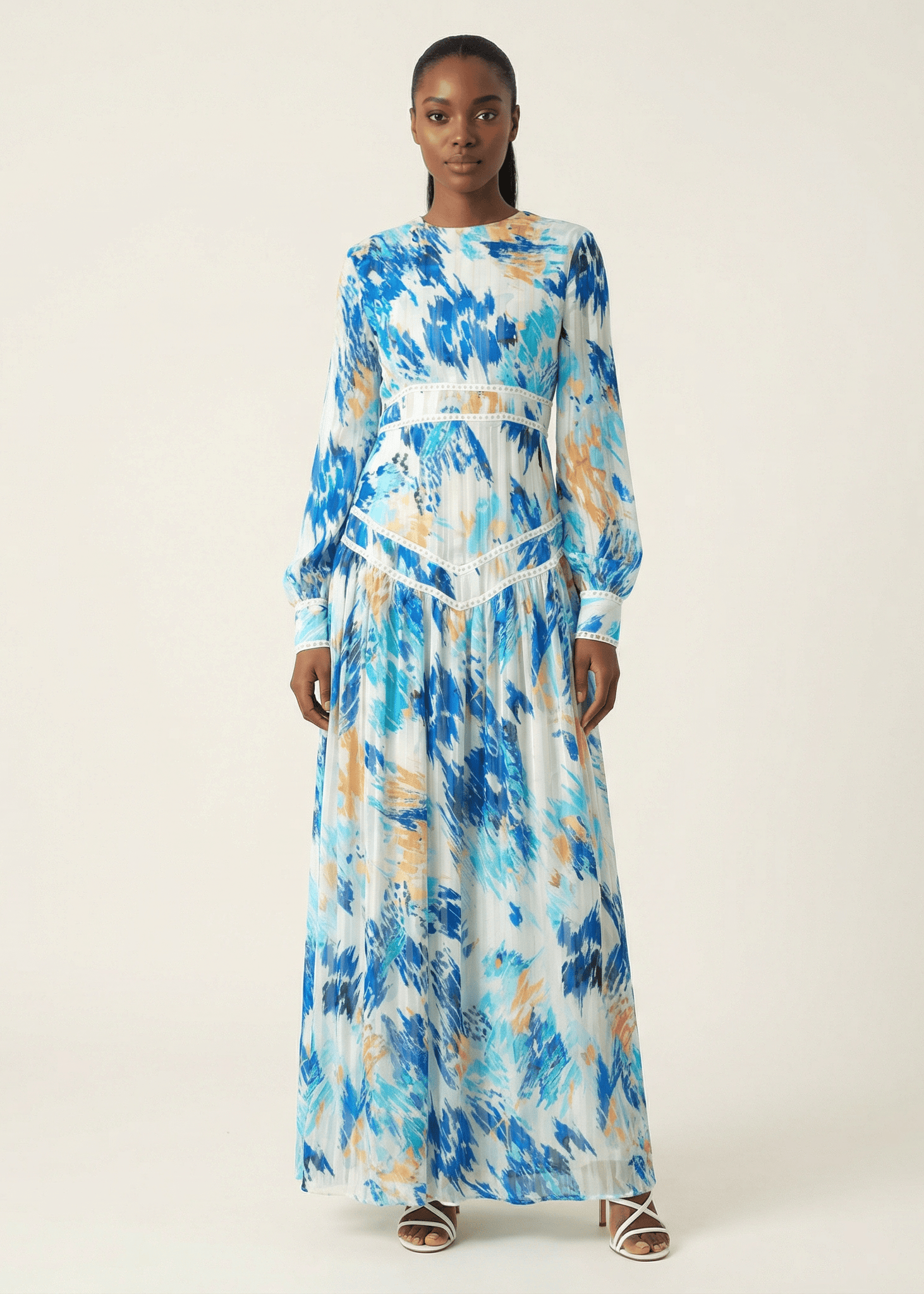 Hiba Abstract print chiffon shimmer modest dress Kabayare