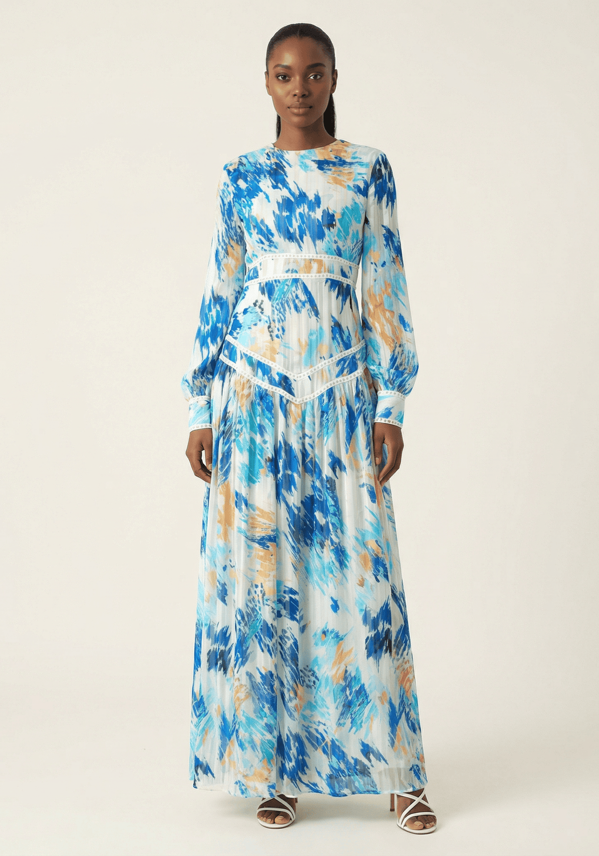 Hiba Abstract print chiffon shimmer modest dress Kabayare