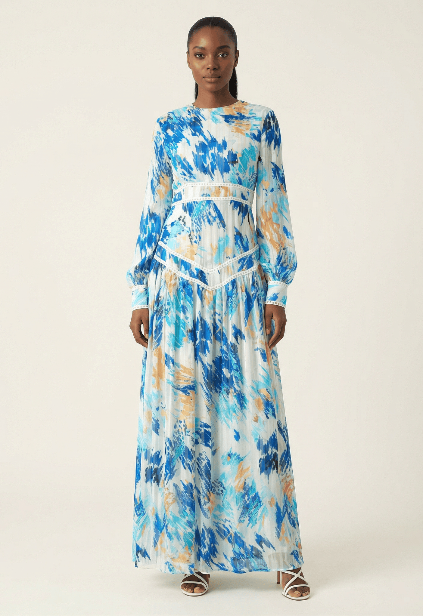 Hiba Abstract print chiffon shimmer modest dress Kabayare
