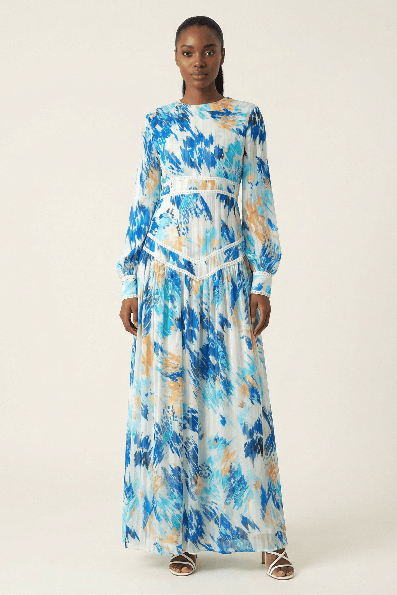 Hiba Abstract print chiffon shimmer modest dress Kabayare
